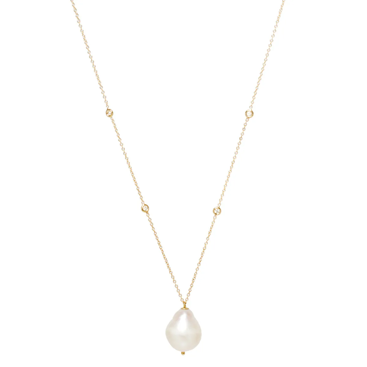 14k Baroque Pearl & Floating Diamond Stations Necklace