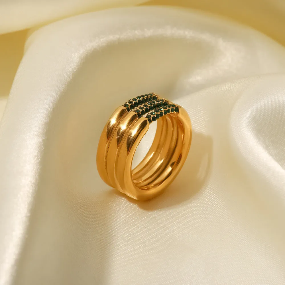 18K Gold Plated Inlaid White/Green Diamond Three-Layer Versatile Ring