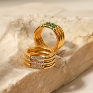 18K Gold Plated Inlaid White/Green Diamond Three-Layer Versatile Ring