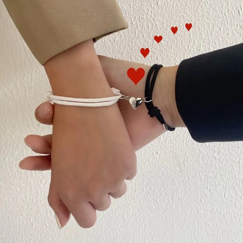 2pcs Magnet Bracelet Magnetic Bracelet Couple Lock Heart Magnetic Bracelet Adjustable Braided Rope Friendship Bracelet for Two