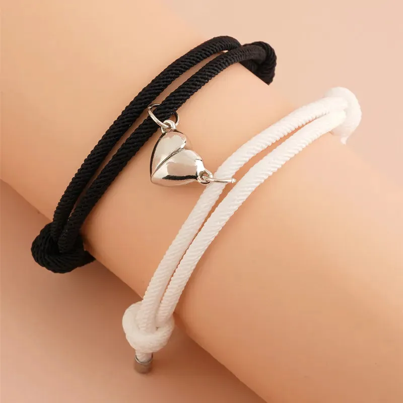 2pcs Magnet Bracelet Magnetic Bracelet Couple Lock Heart Magnetic Bracelet Adjustable Braided Rope Friendship Bracelet for Two