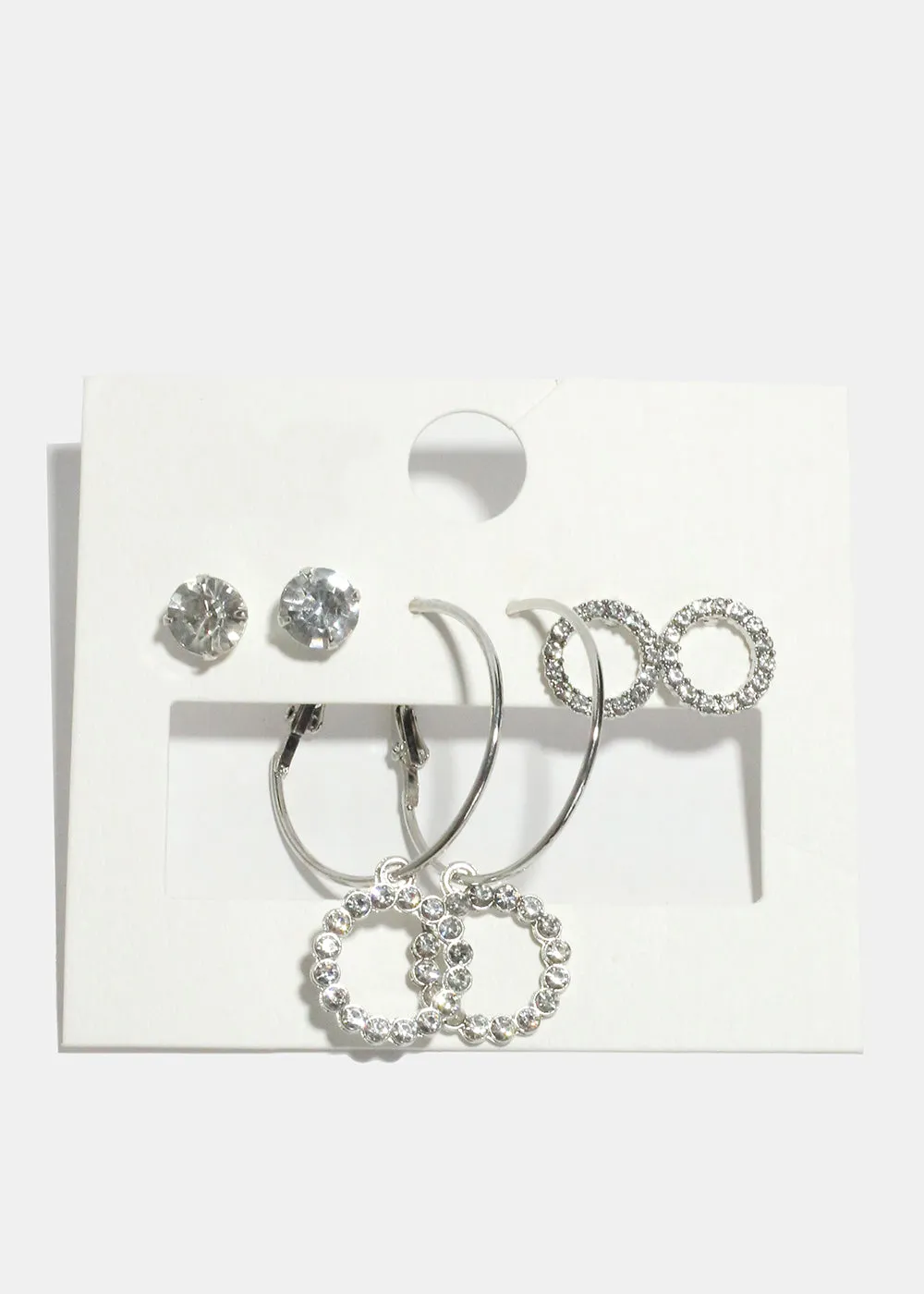 3-Pair Rhinestone Studded Hoop & Stud Earrings