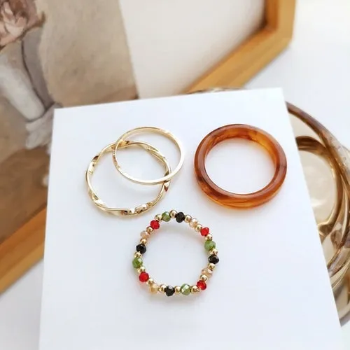 4pcs Bohemia Crystal Bead Rings Set For Women Fresh Colorful