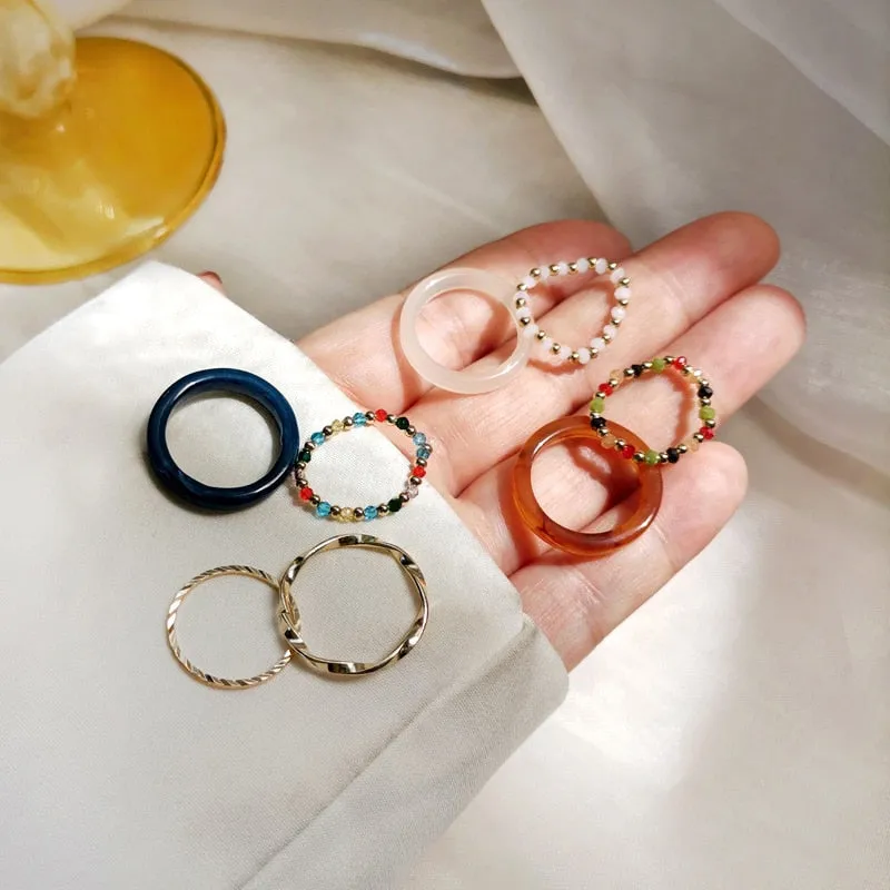 4pcs Bohemia Crystal Bead Rings Set For Women Fresh Colorful