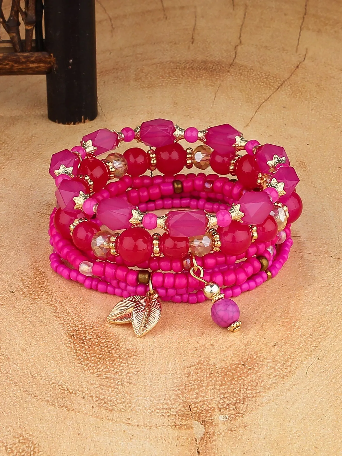 4pcs Leaf Charm Hot Pink Set Beaded Bracelet Women Bracelet Stackable Bracelet