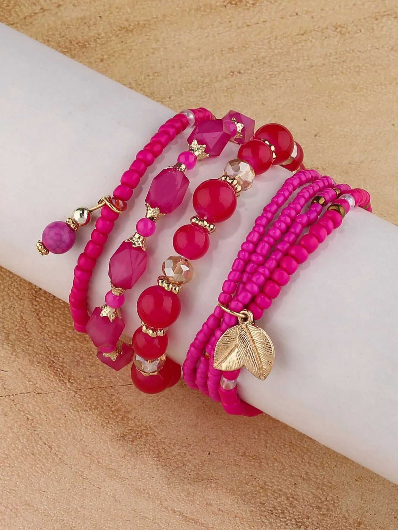 4pcs Leaf Charm Hot Pink Set Beaded Bracelet Women Bracelet Stackable Bracelet