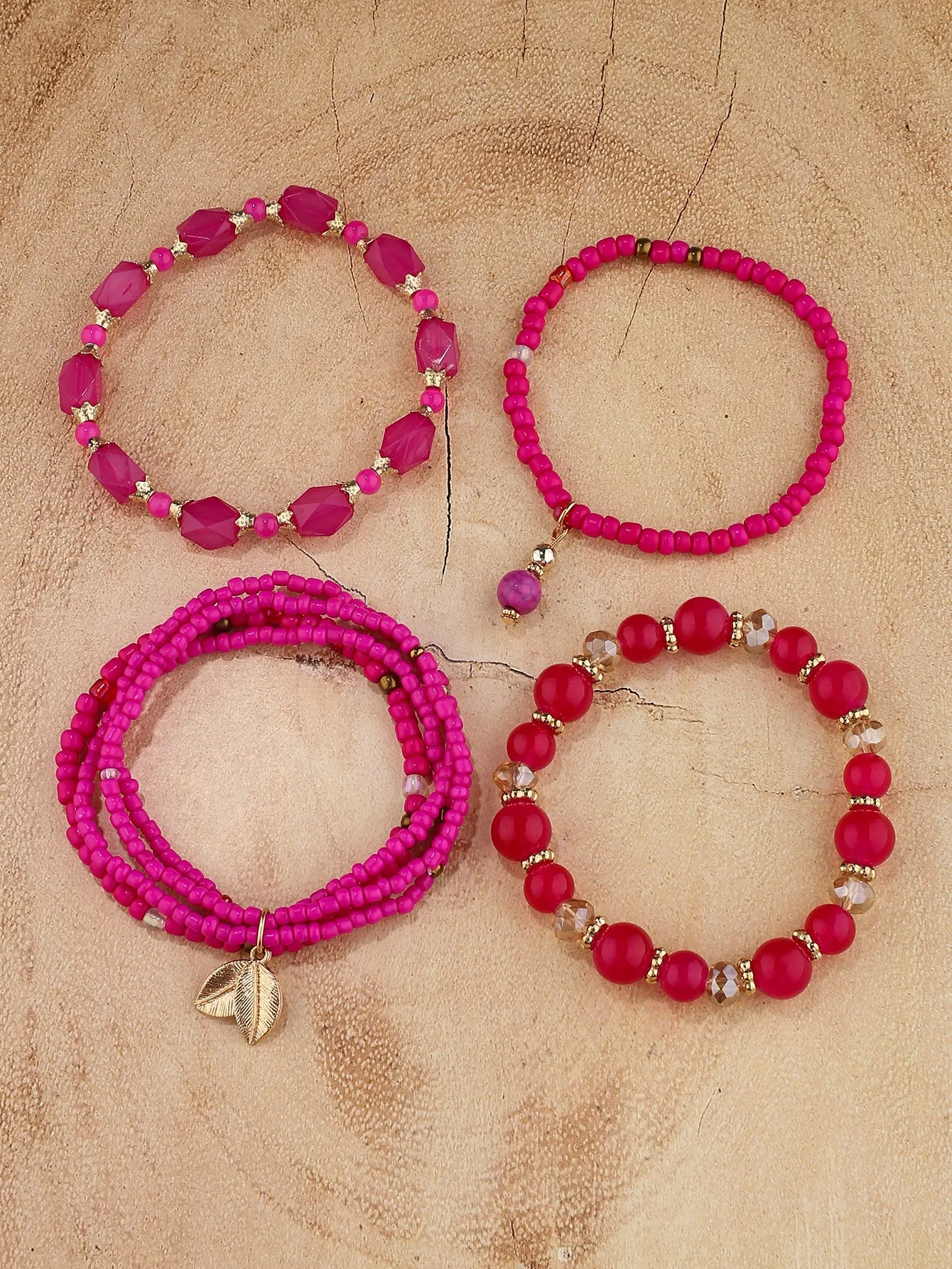 4pcs Leaf Charm Hot Pink Set Beaded Bracelet Women Bracelet Stackable Bracelet