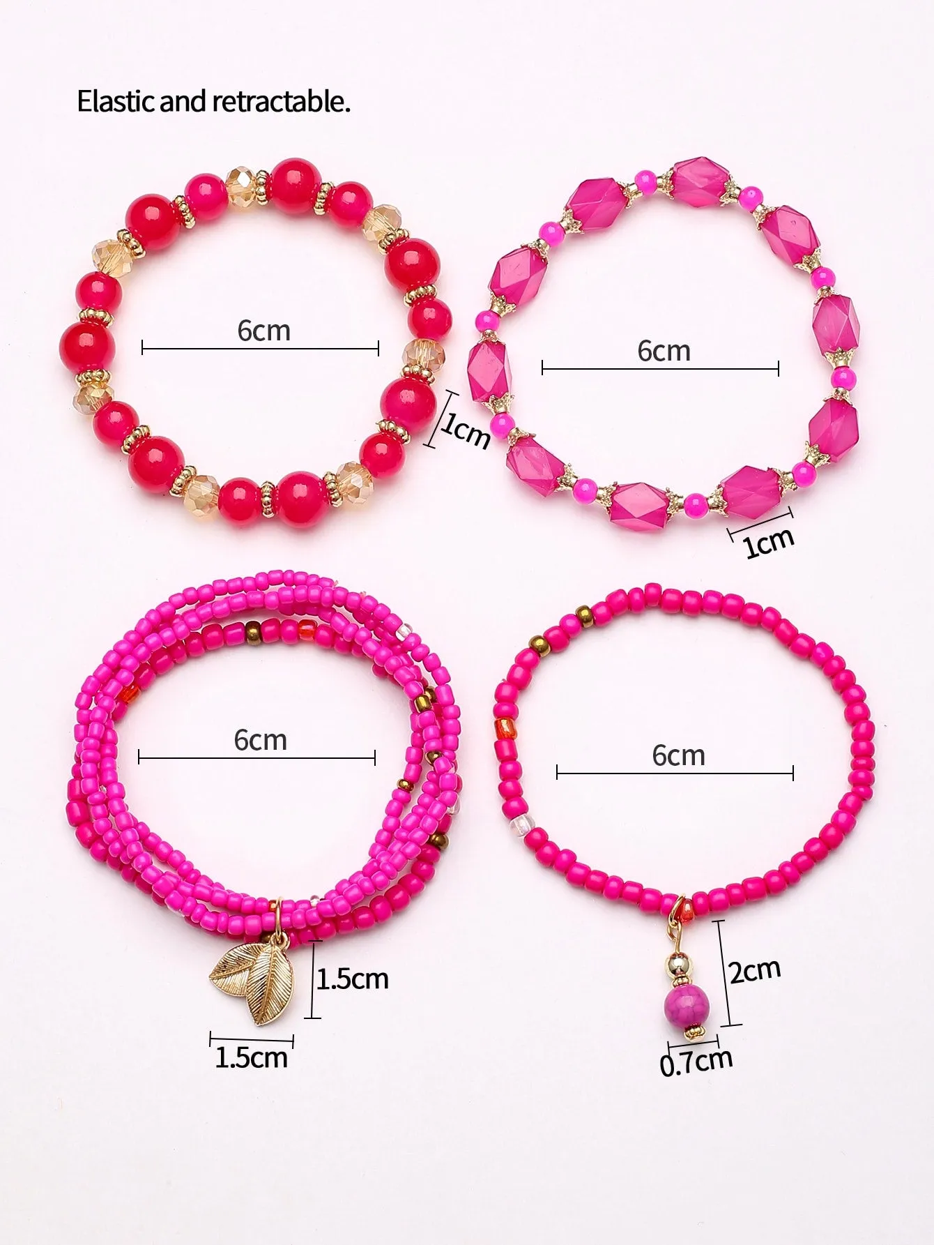 4pcs Leaf Charm Hot Pink Set Beaded Bracelet Women Bracelet Stackable Bracelet