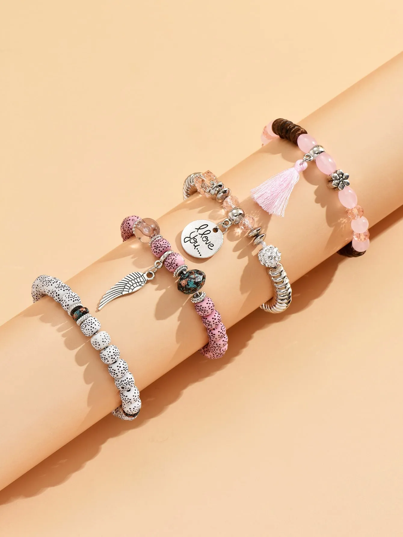 4pcs Wing & Tassel Charm Pink Beaded Bracelet Women Bracelet Stackable Bracelet