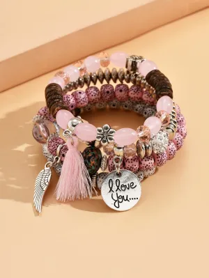 4pcs Wing & Tassel Charm Pink Beaded Bracelet Women Bracelet Stackable Bracelet