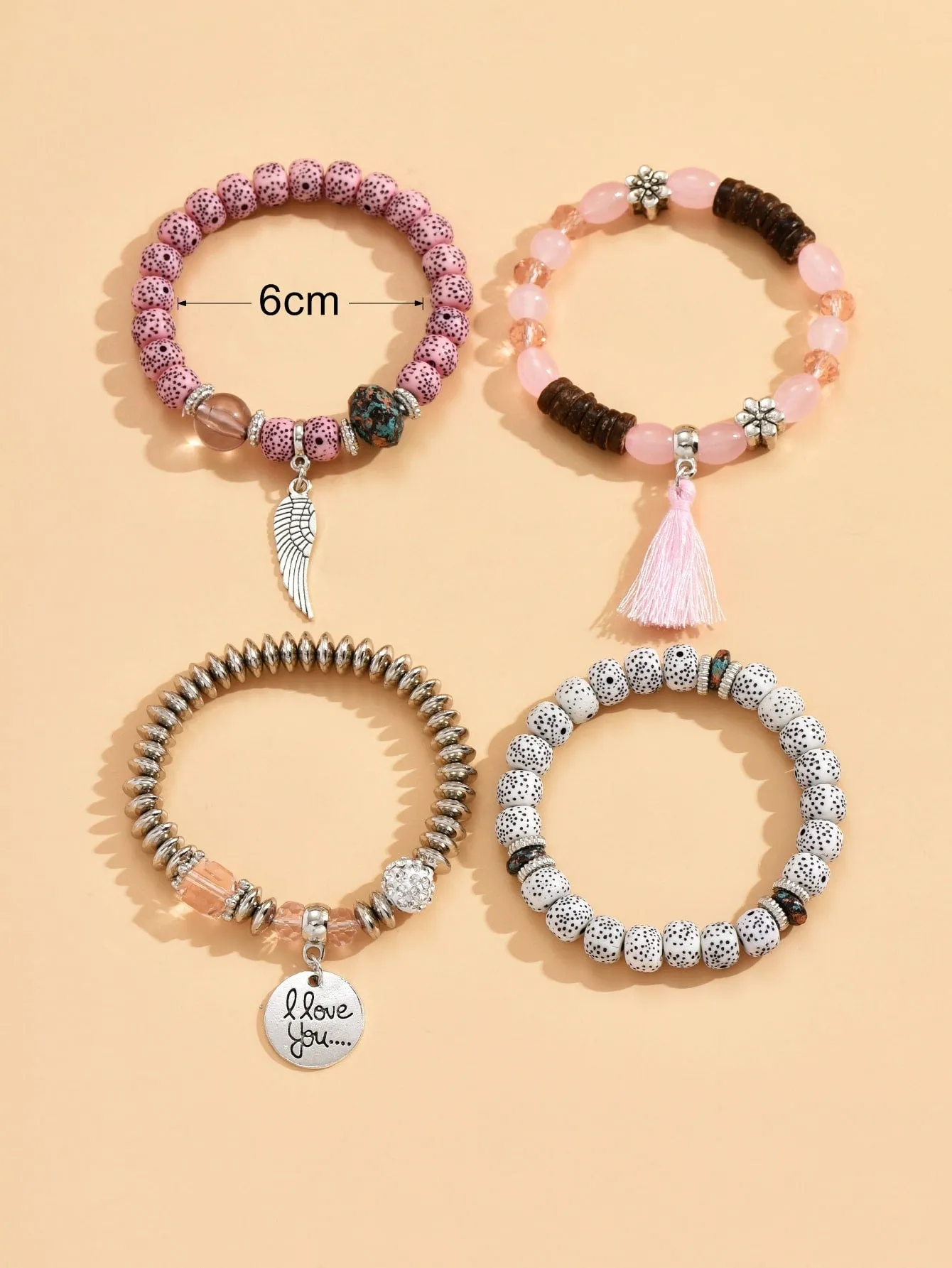 4pcs Wing & Tassel Charm Pink Beaded Bracelet Women Bracelet Stackable Bracelet