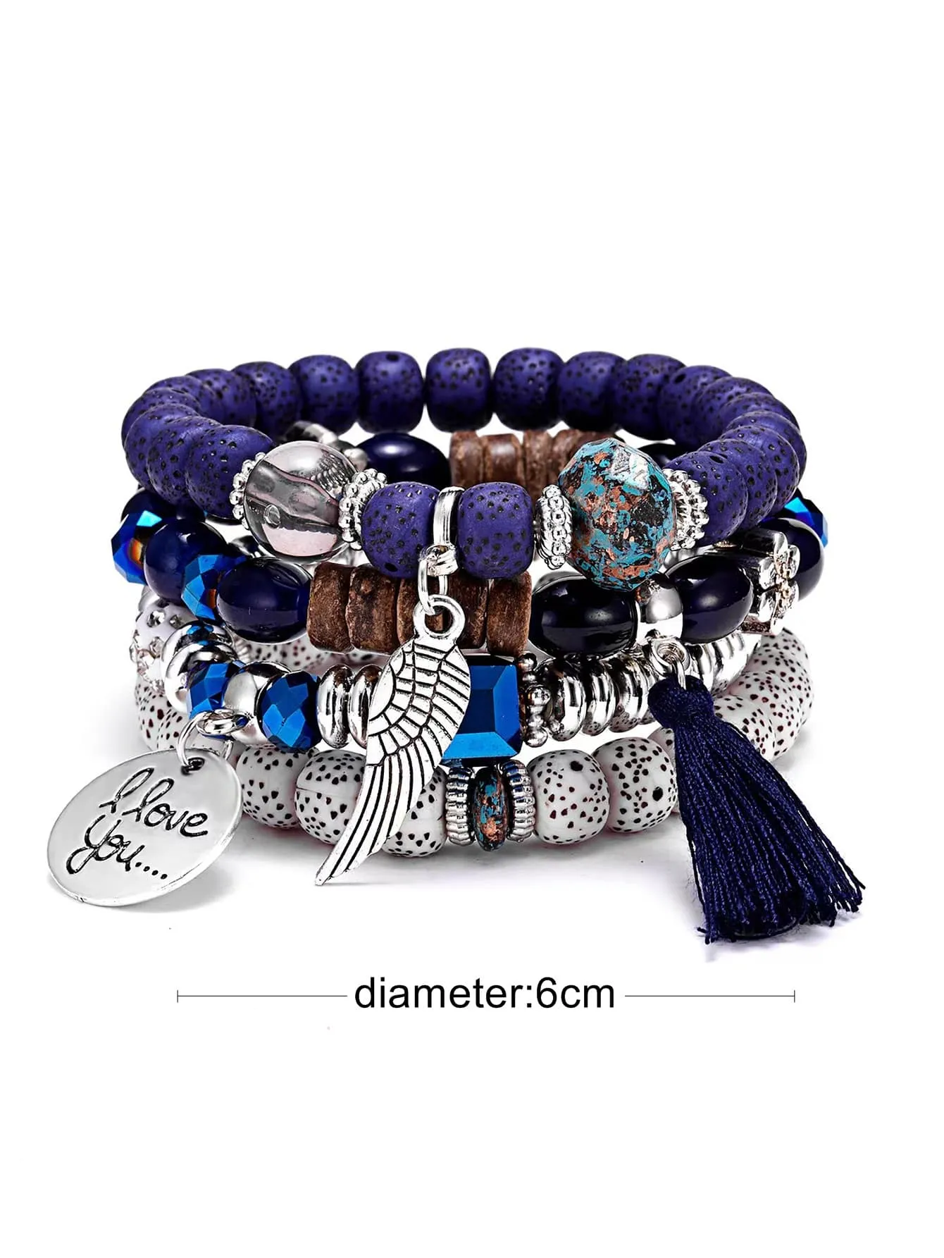 4pcs Wing & Tassel Charm Royal Blue Beaded Bracelet Women Bracelet Stackable