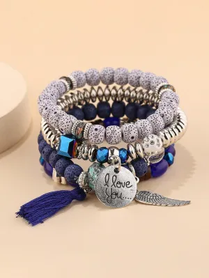 4pcs Wing & Tassel Charm Royal Blue Beaded Bracelet Women Bracelet Stackable