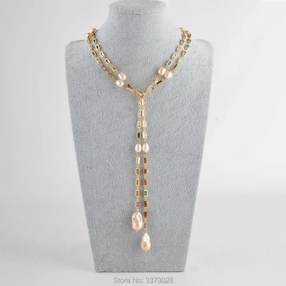 50" Cultured Pink Keshi Pearl Mixed Color Rectangle Cz Pave Long Chain