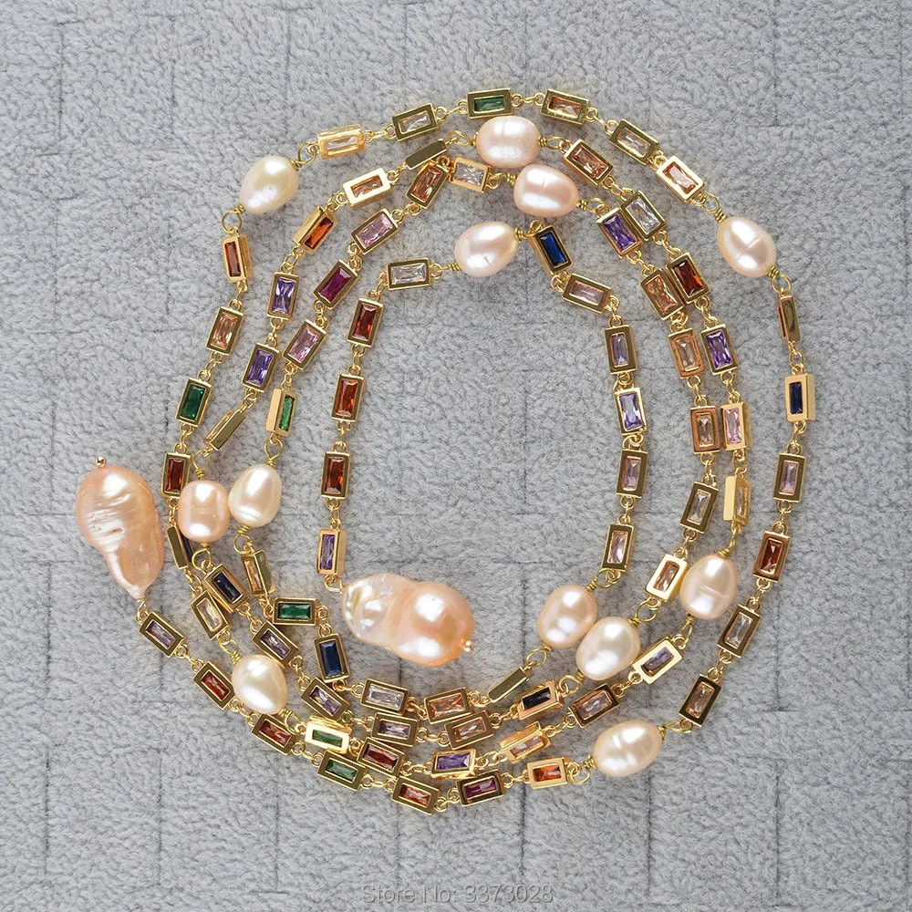 50" Cultured Pink Keshi Pearl Mixed Color Rectangle Cz Pave Long Chain