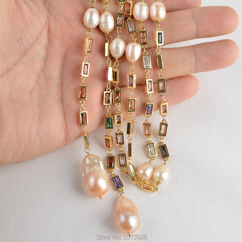 50" Cultured Pink Keshi Pearl Mixed Color Rectangle Cz Pave Long Chain