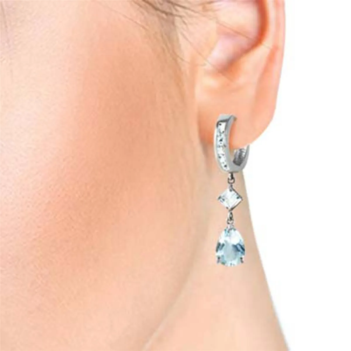 5.62 Carat 14K Solid White Gold Huggie Earrings Dangling Aquamarine