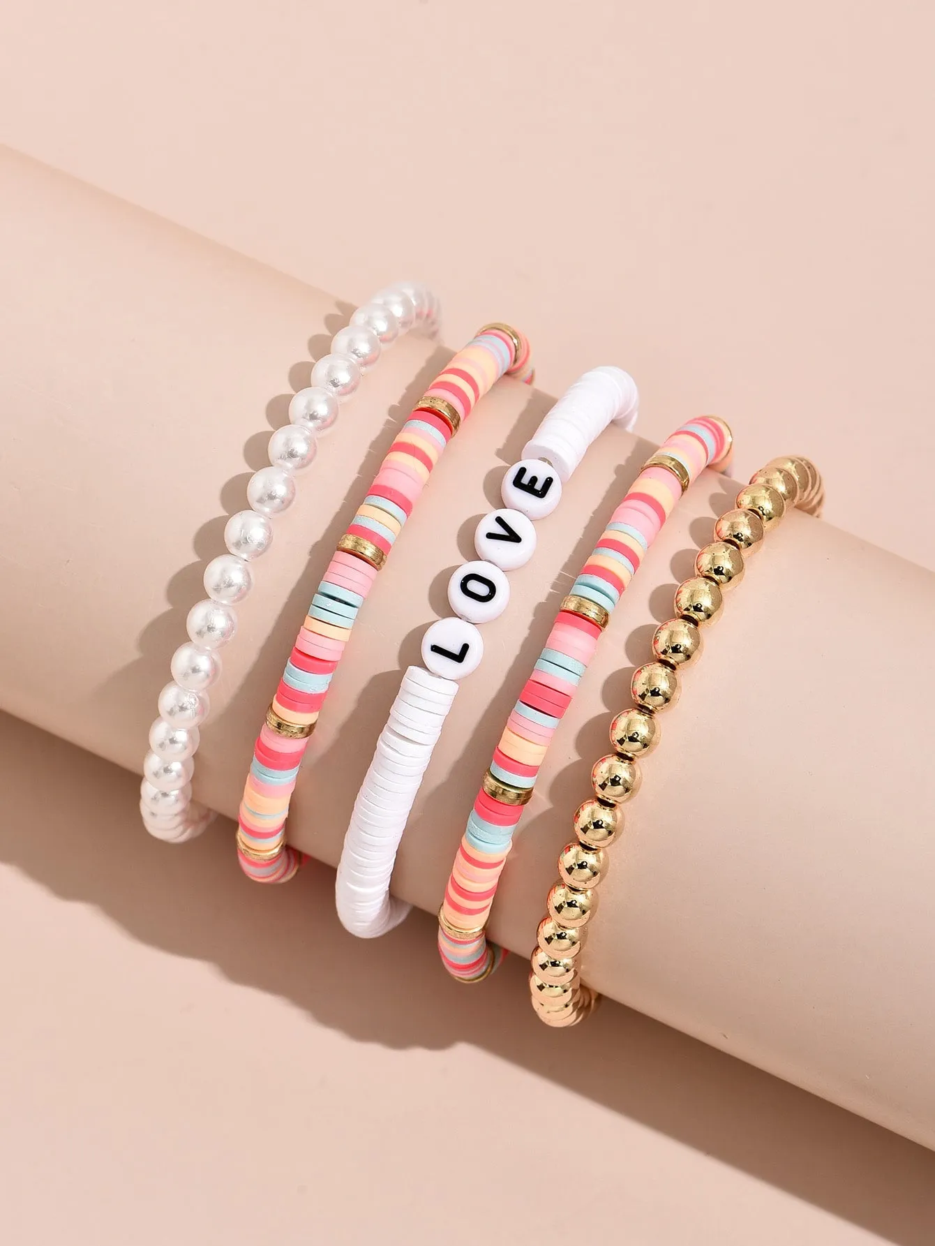 5pcs Candy Pink Color LOVE Detail Beaded Bracelet Women Bracelet Stackable