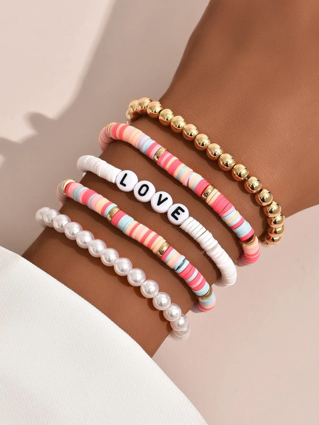 5pcs Candy Pink Color LOVE Detail Beaded Bracelet Women Bracelet Stackable