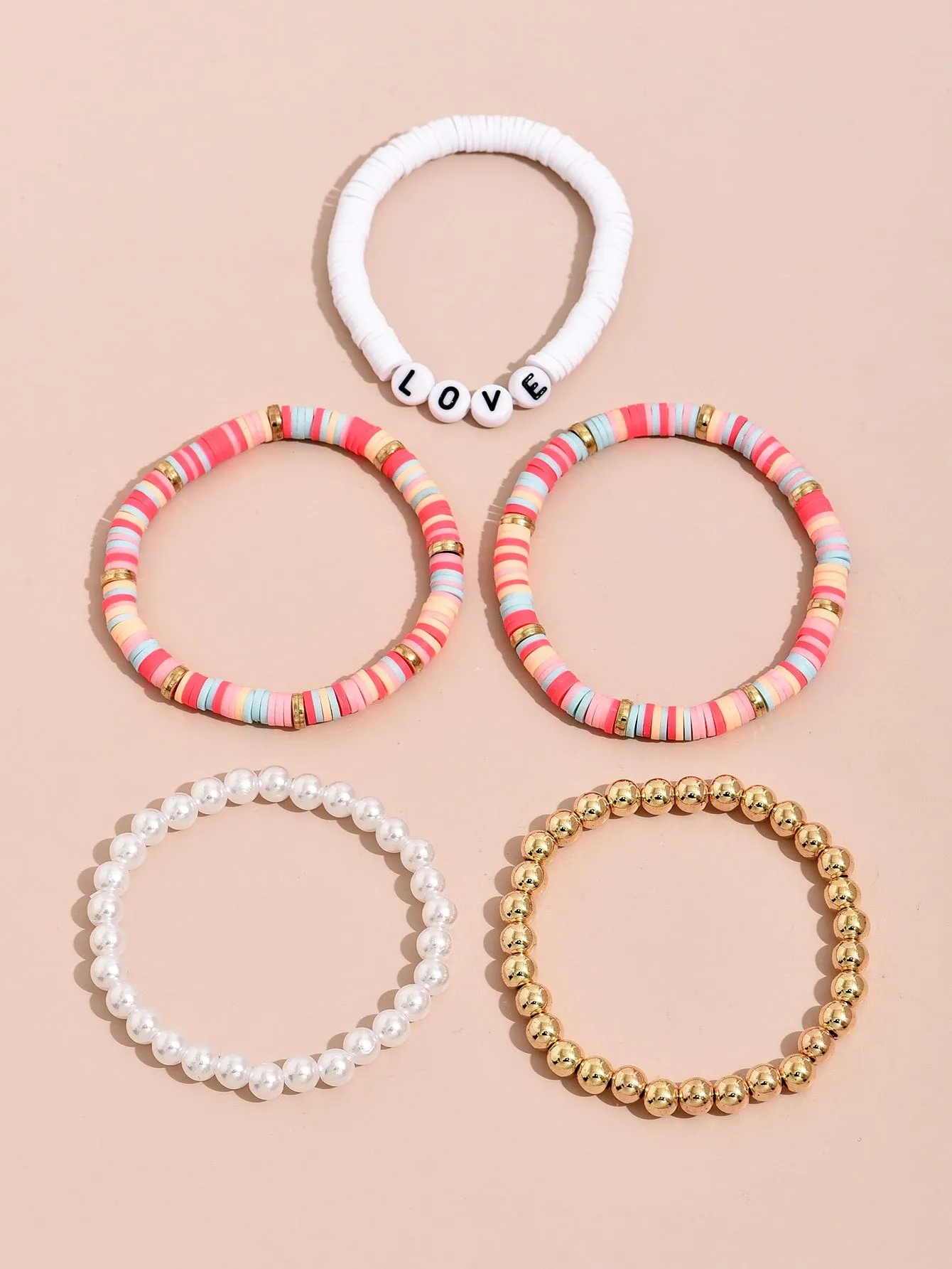 5pcs Candy Pink Color LOVE Detail Beaded Bracelet Women Bracelet Stackable