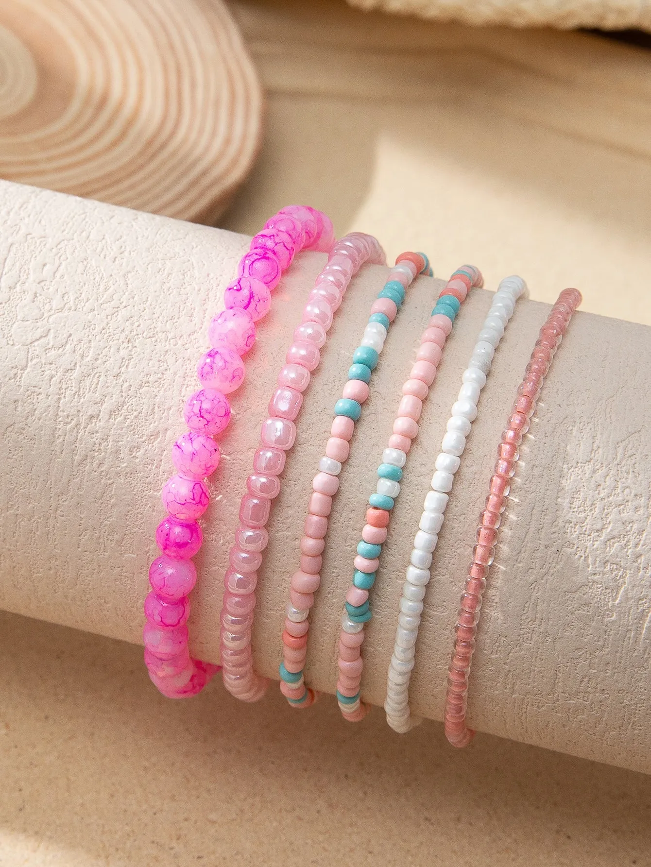 6pcs/set Colorful Pink Pattern Beaded Bracelet Women Bracelet Stackable Bracelet