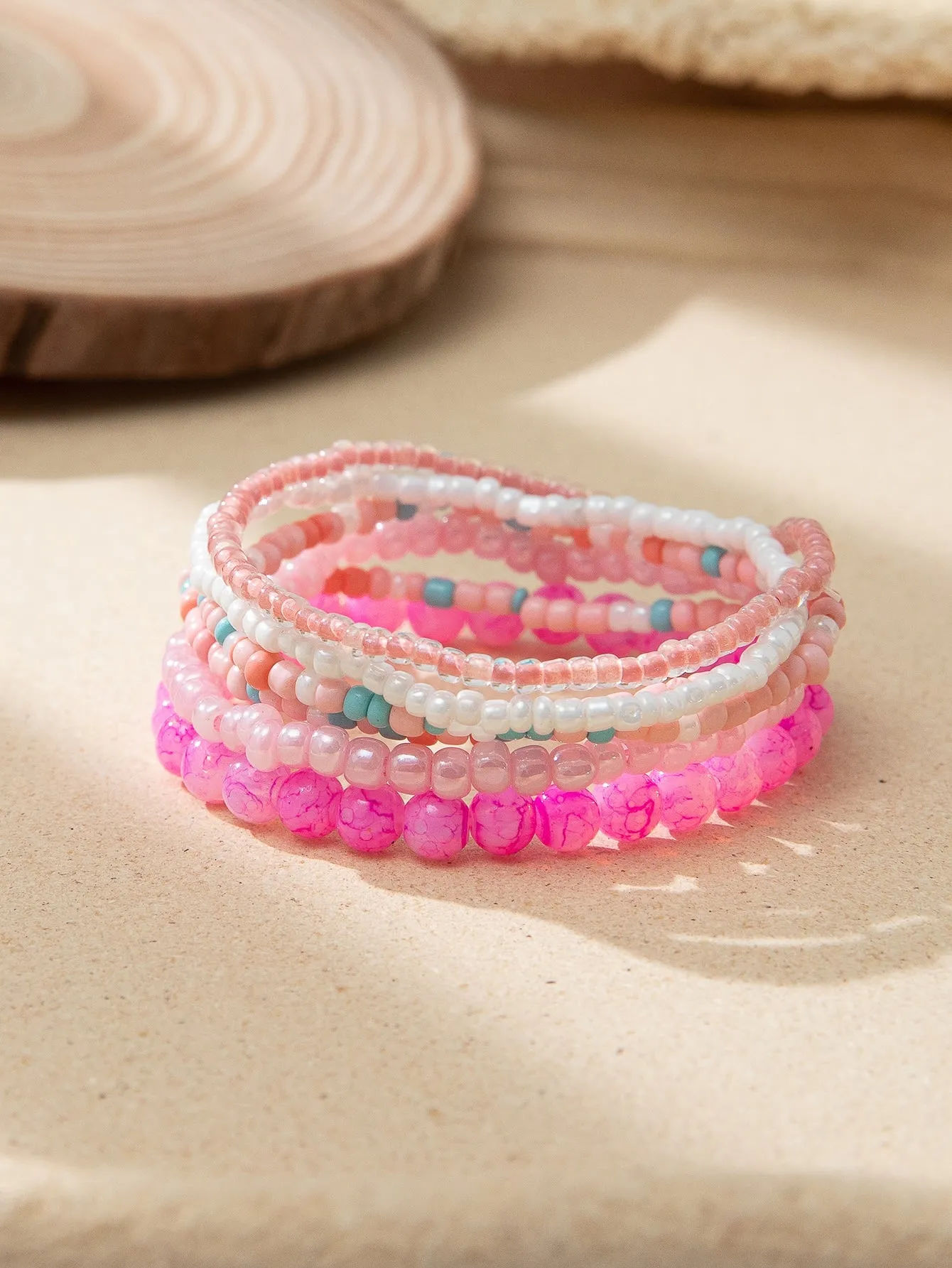 6pcs/set Colorful Pink Pattern Beaded Bracelet Women Bracelet Stackable Bracelet