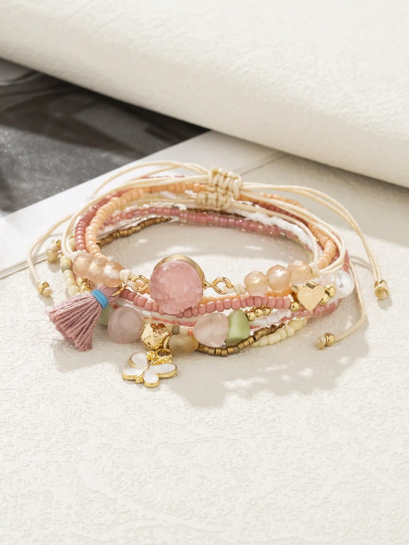 8pcs Tassel & Butterfly Charm Beaded Bracelet Women Bracelet Stackable Bracelet