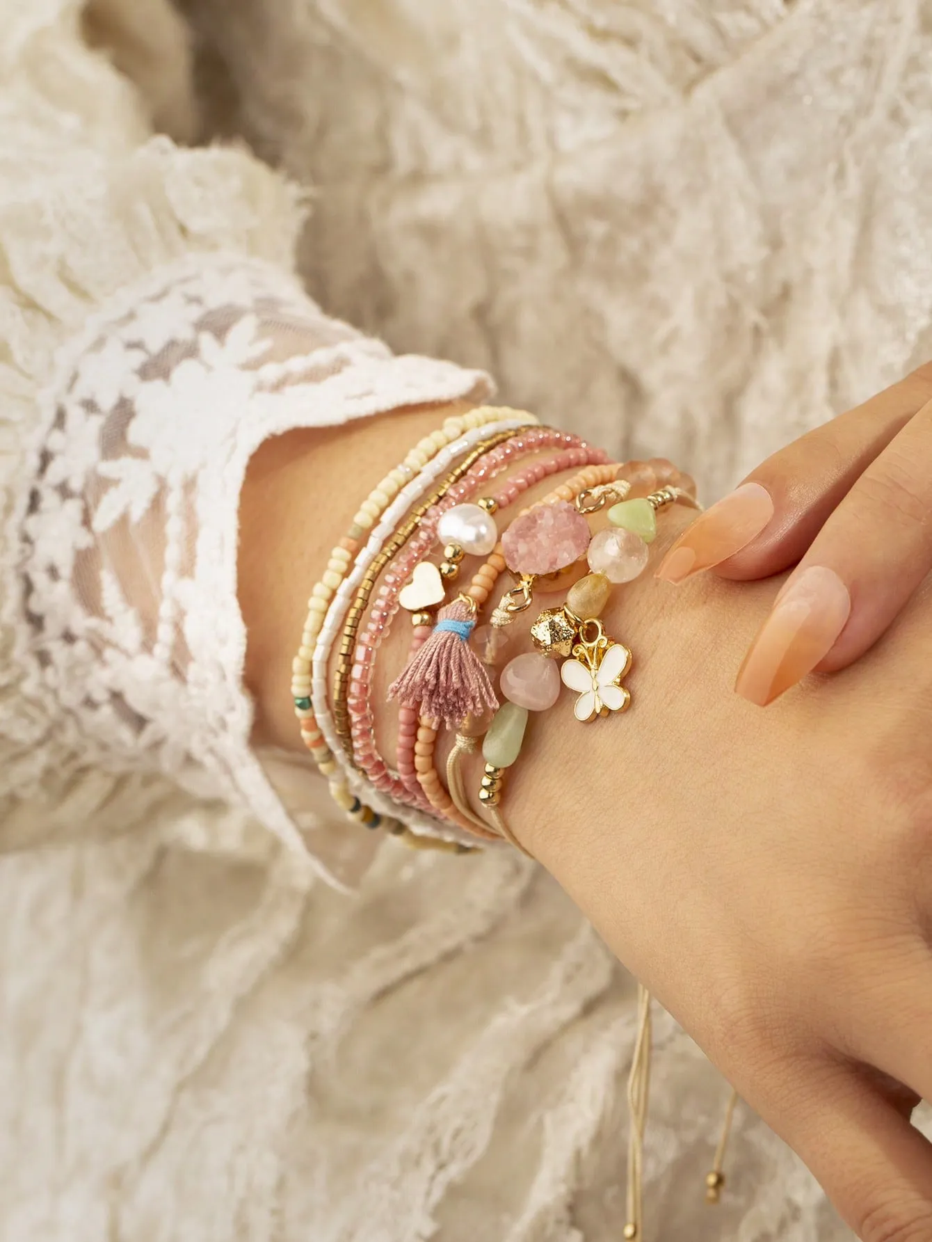 8pcs Tassel & Butterfly Charm Beaded Bracelet Women Bracelet Stackable Bracelet