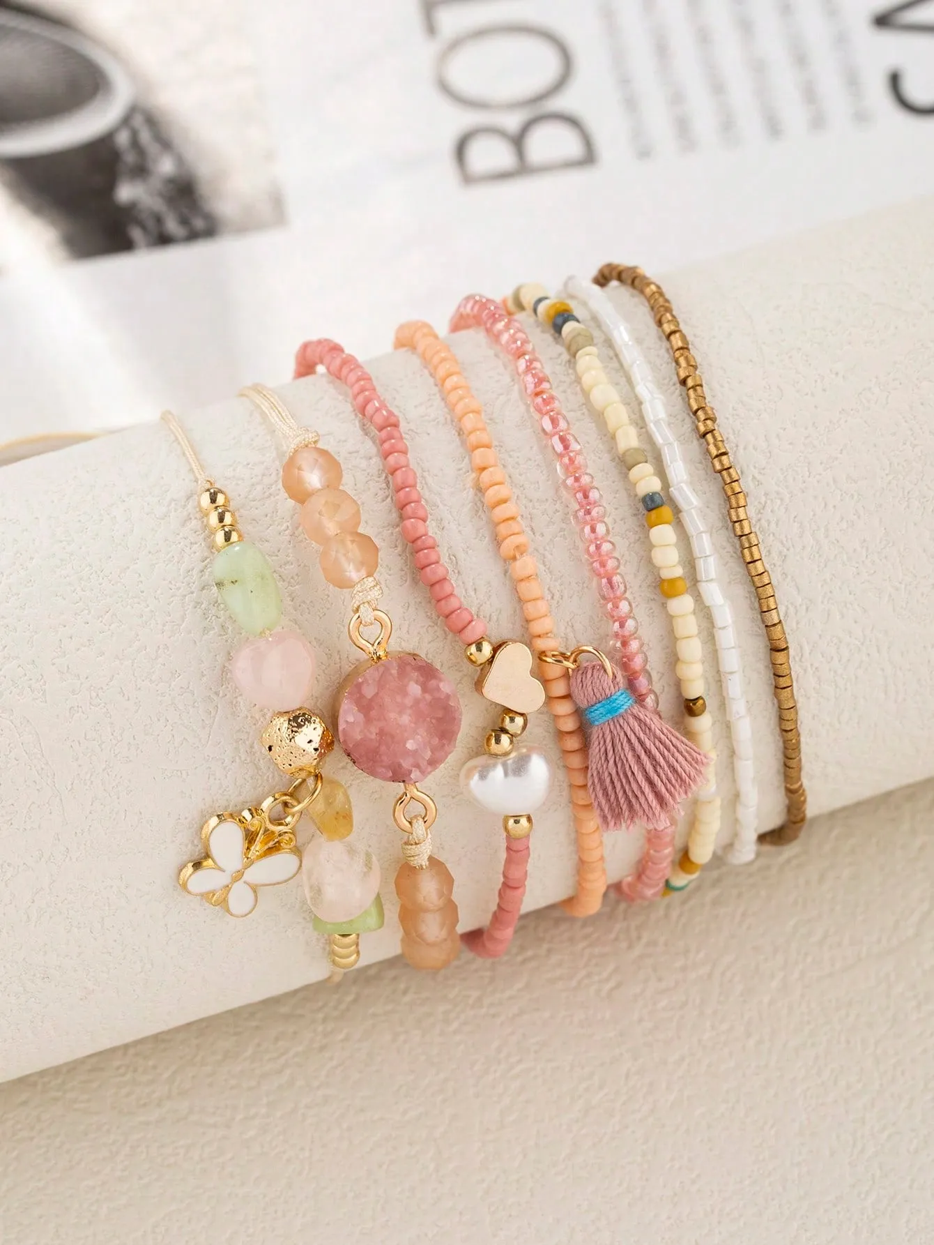 8pcs Tassel & Butterfly Charm Beaded Bracelet Women Bracelet Stackable Bracelet