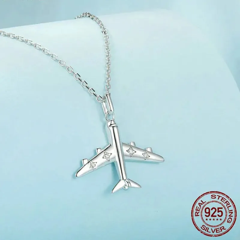 925 Sterling Silver Delicate Airplane Pendant Necklace Platinum Plated Necklace for Women Dainty Fine Jewelry Gift