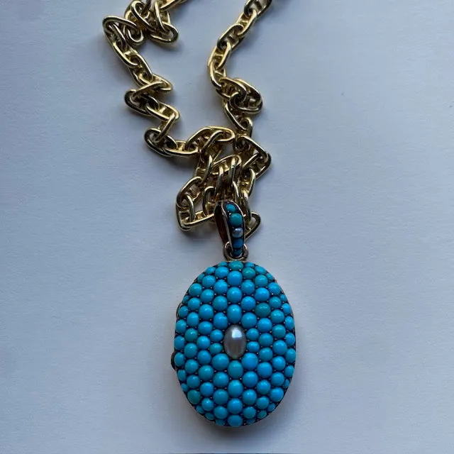 Antique French 18k Pave Turquoise & Pearl Locket Pendant