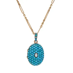 Antique French 18k Pave Turquoise & Pearl Locket Pendant