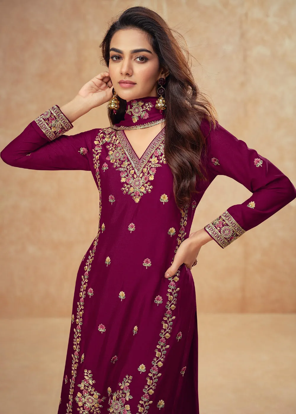 Beautific Purple Premium Chinnon Silk Wedding Palazzo Suit