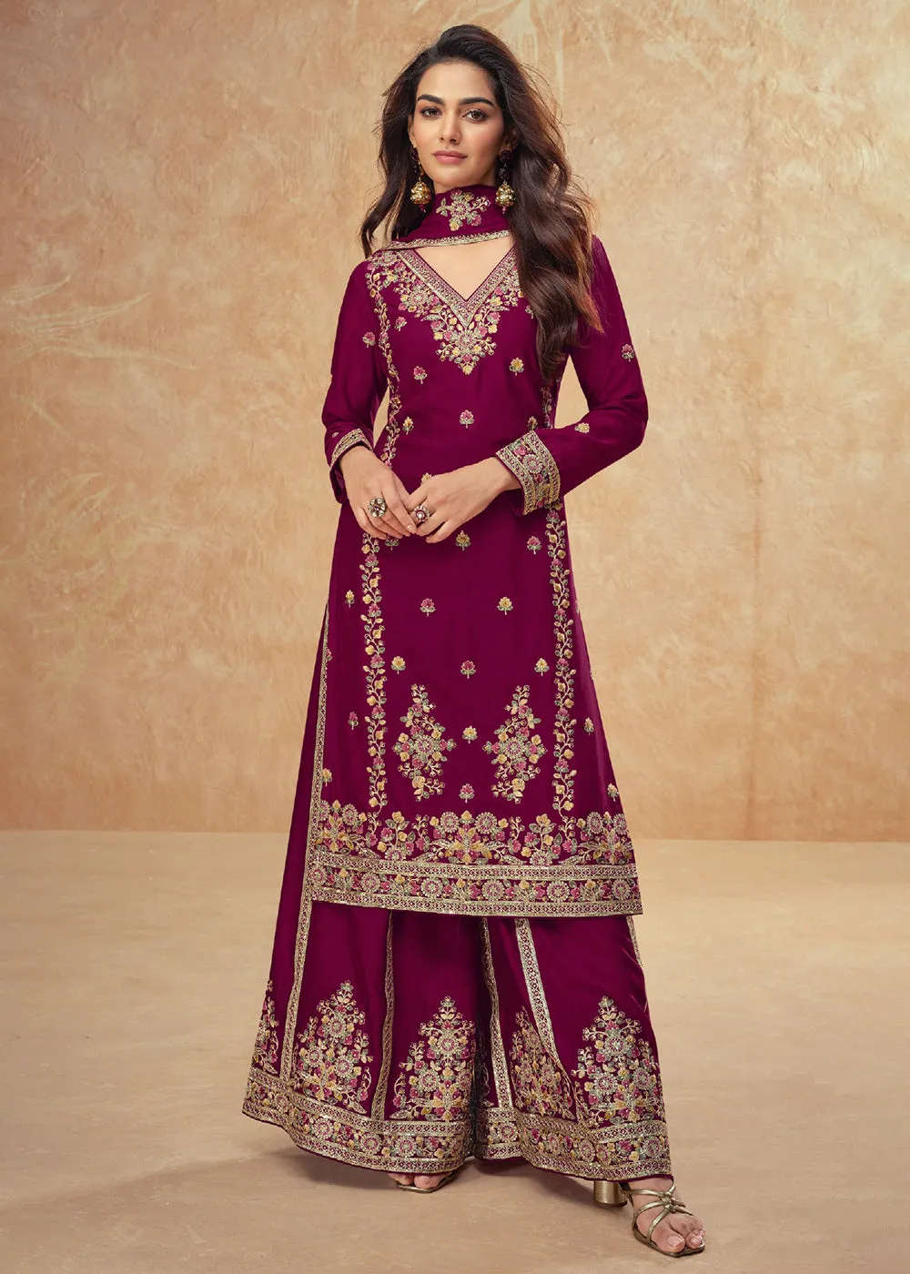 Beautific Purple Premium Chinnon Silk Wedding Palazzo Suit