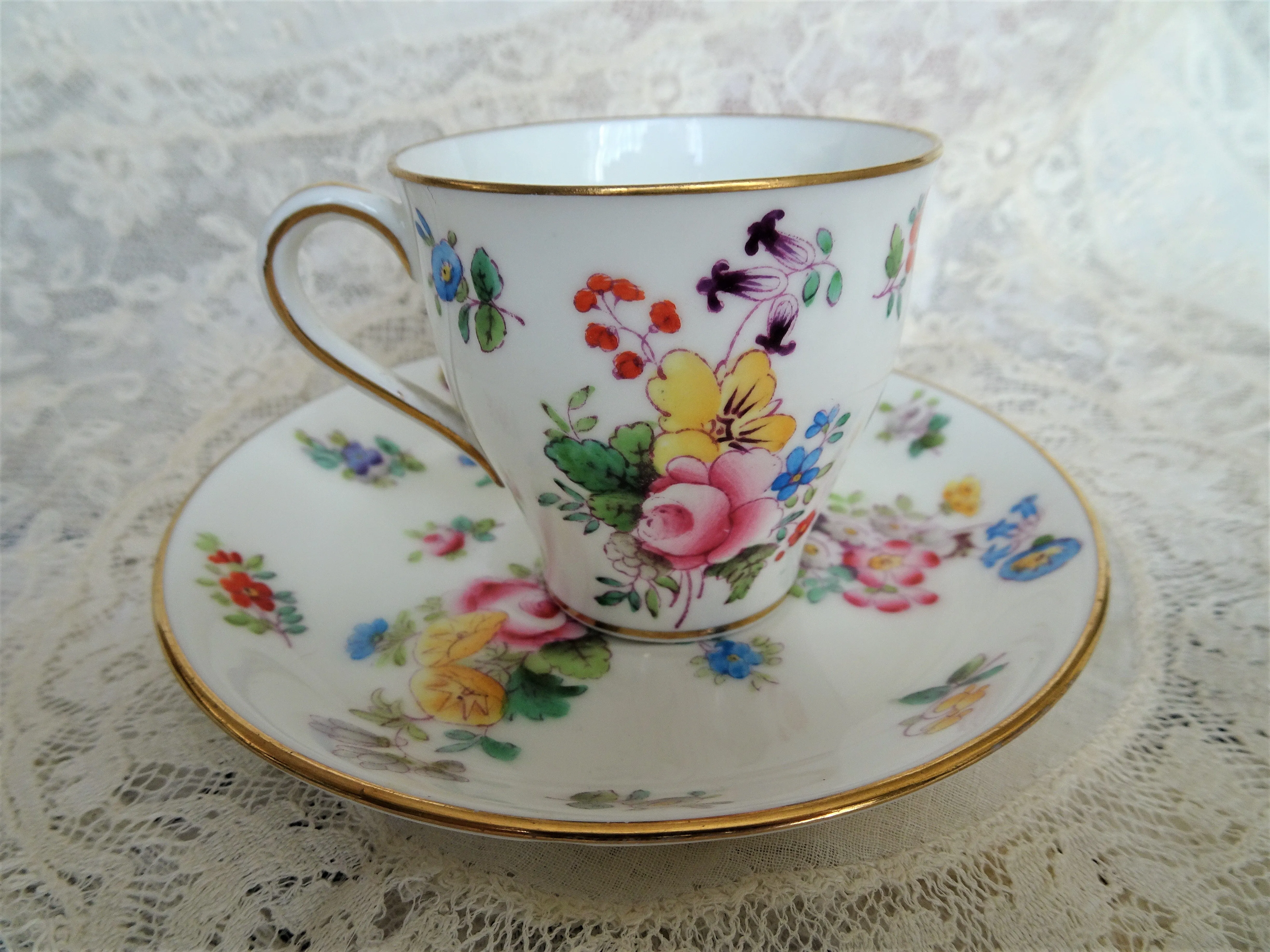 BEAUTIFUL Antique Demitasse Cup and Saucer, Mintons English Bone China, Made For BIRKS, Hand Painted and Enameled, Collectible Vintage Cups and Saucers