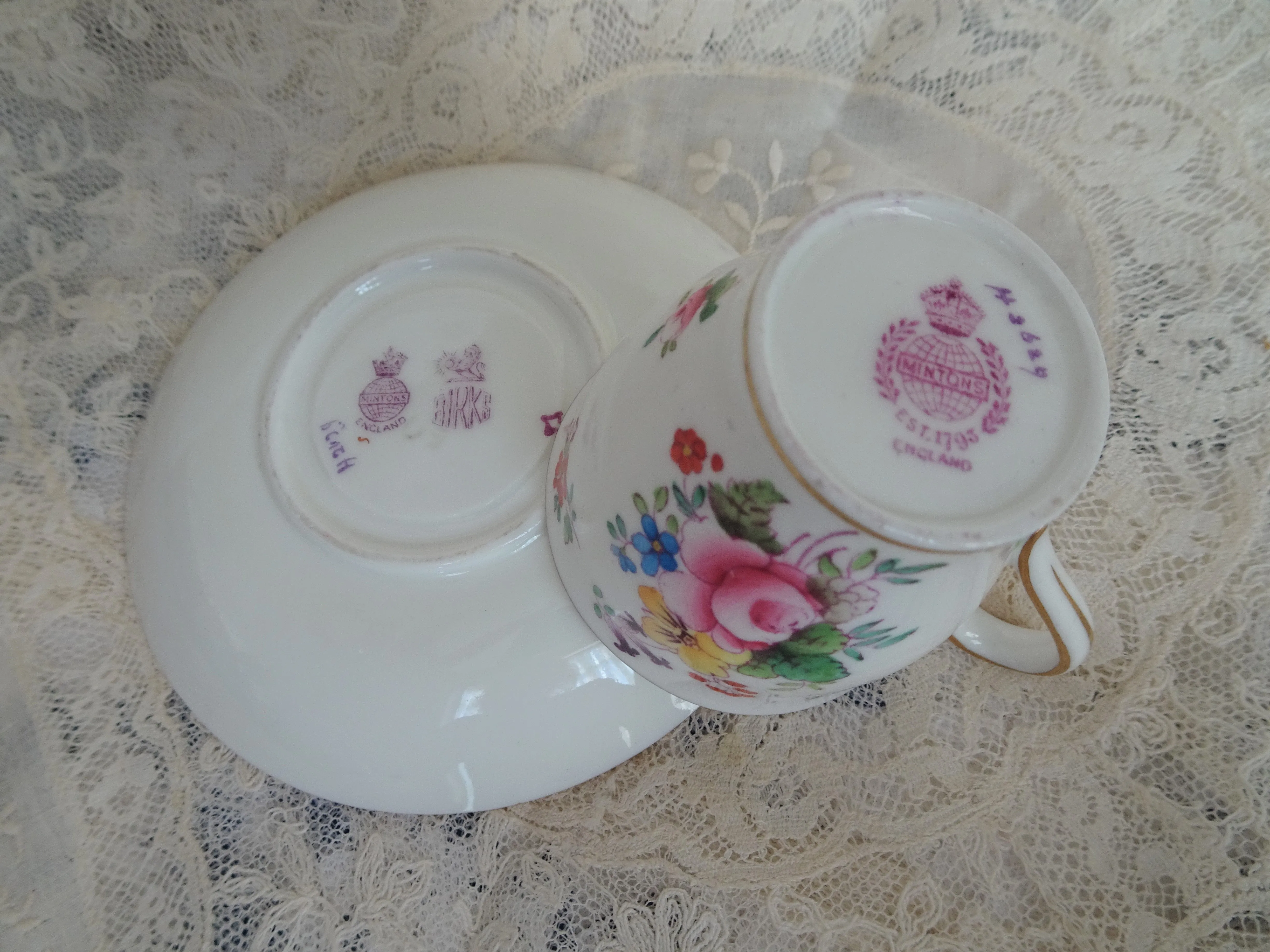 BEAUTIFUL Antique Demitasse Cup and Saucer, Mintons English Bone China, Made For BIRKS, Hand Painted and Enameled, Collectible Vintage Cups and Saucers