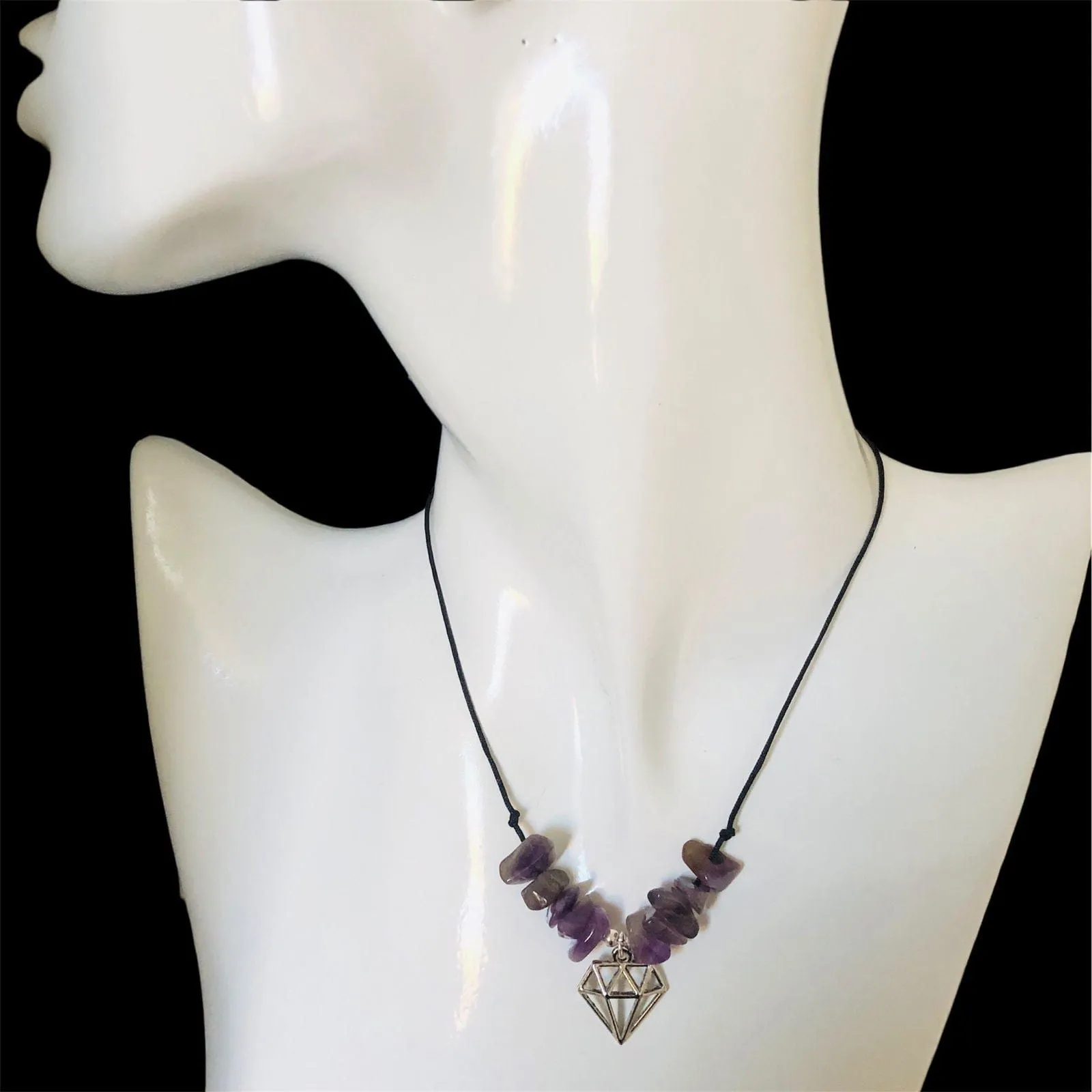 Black Thread Choker Necklace with Amethyst Chips