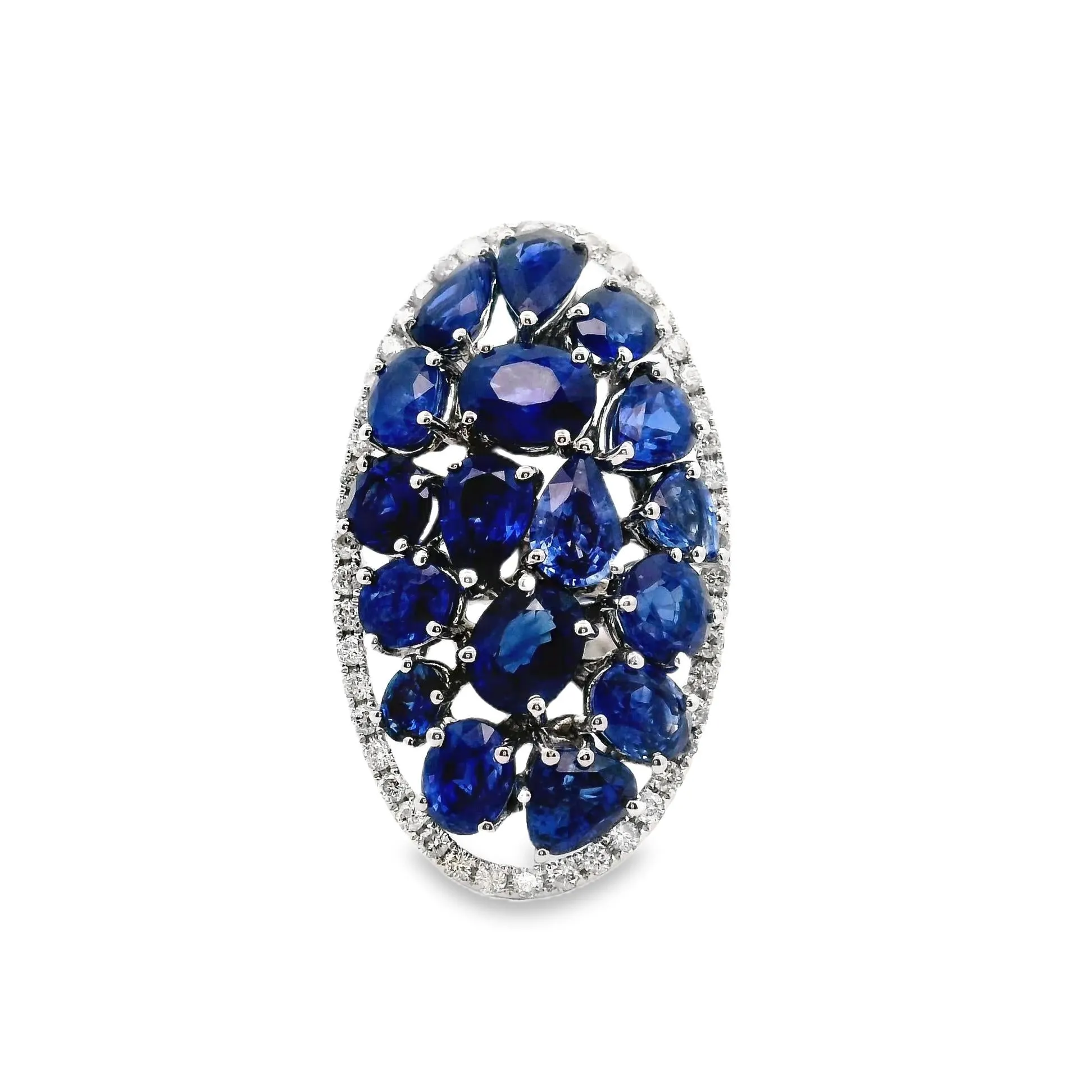 Blue Sapphire Cluster Diamond 18k White Gold Ring