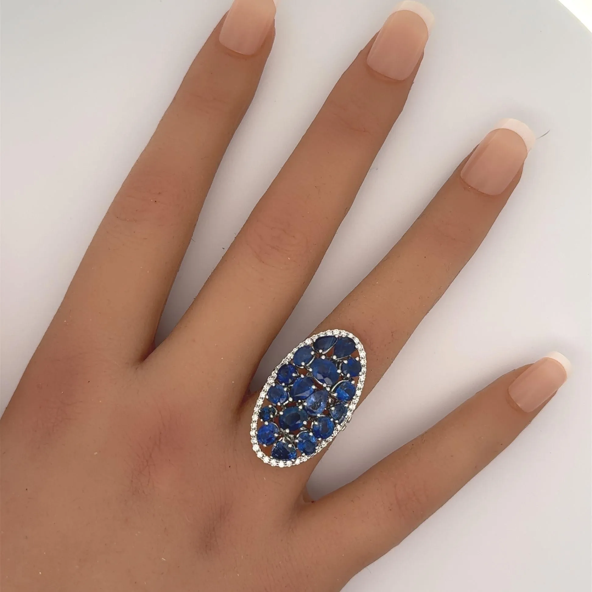 Blue Sapphire Cluster Diamond 18k White Gold Ring