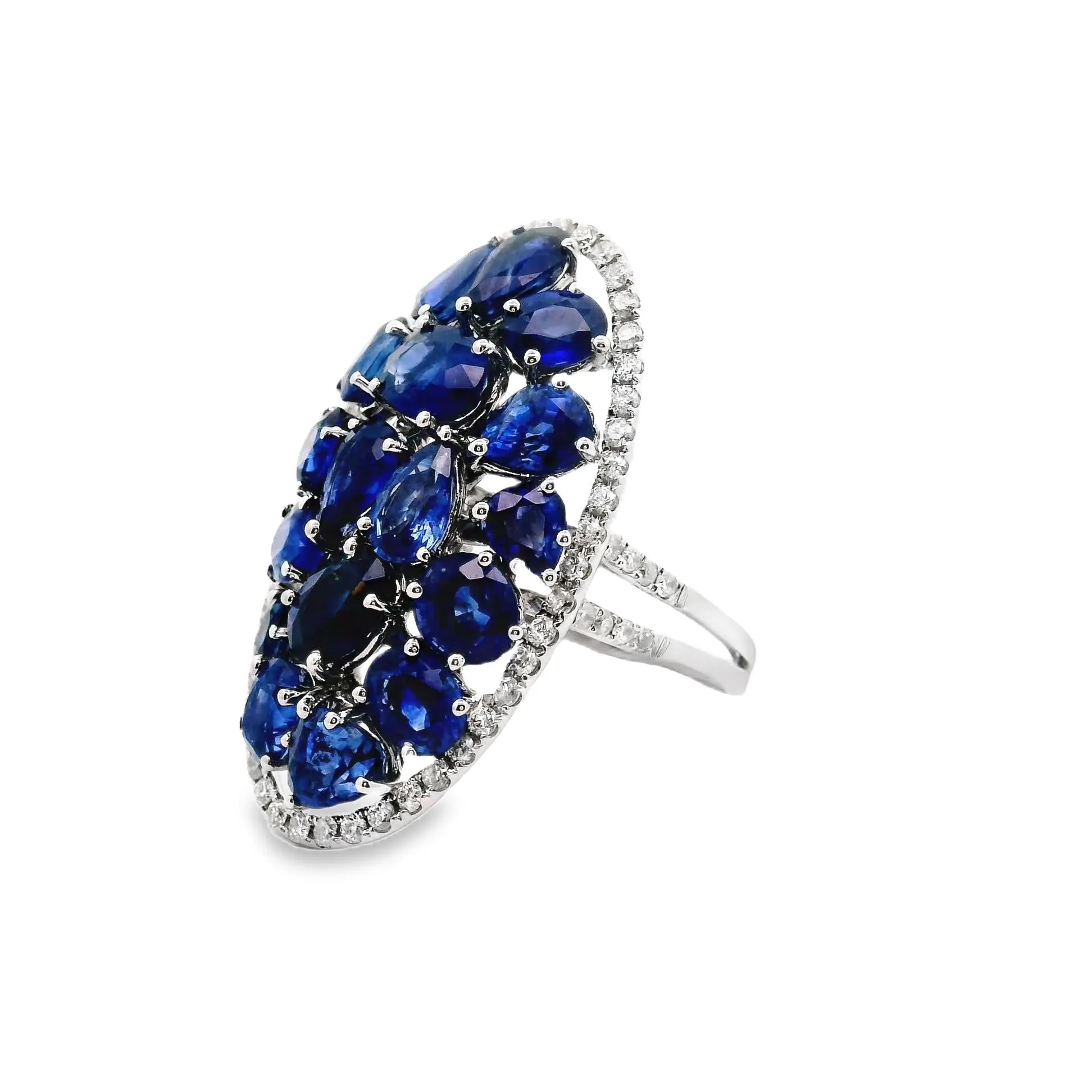 Blue Sapphire Cluster Diamond 18k White Gold Ring