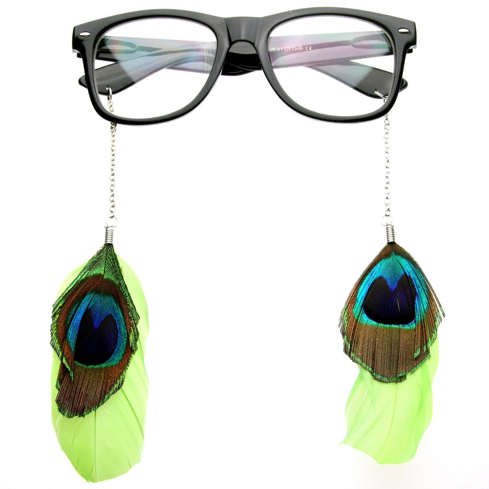 Cute Indie Feather Ear Rings Clear Lens Horned Rim Glasses 8473