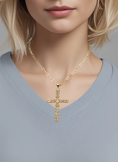 CZ Faceted Cross Necklaces Gold