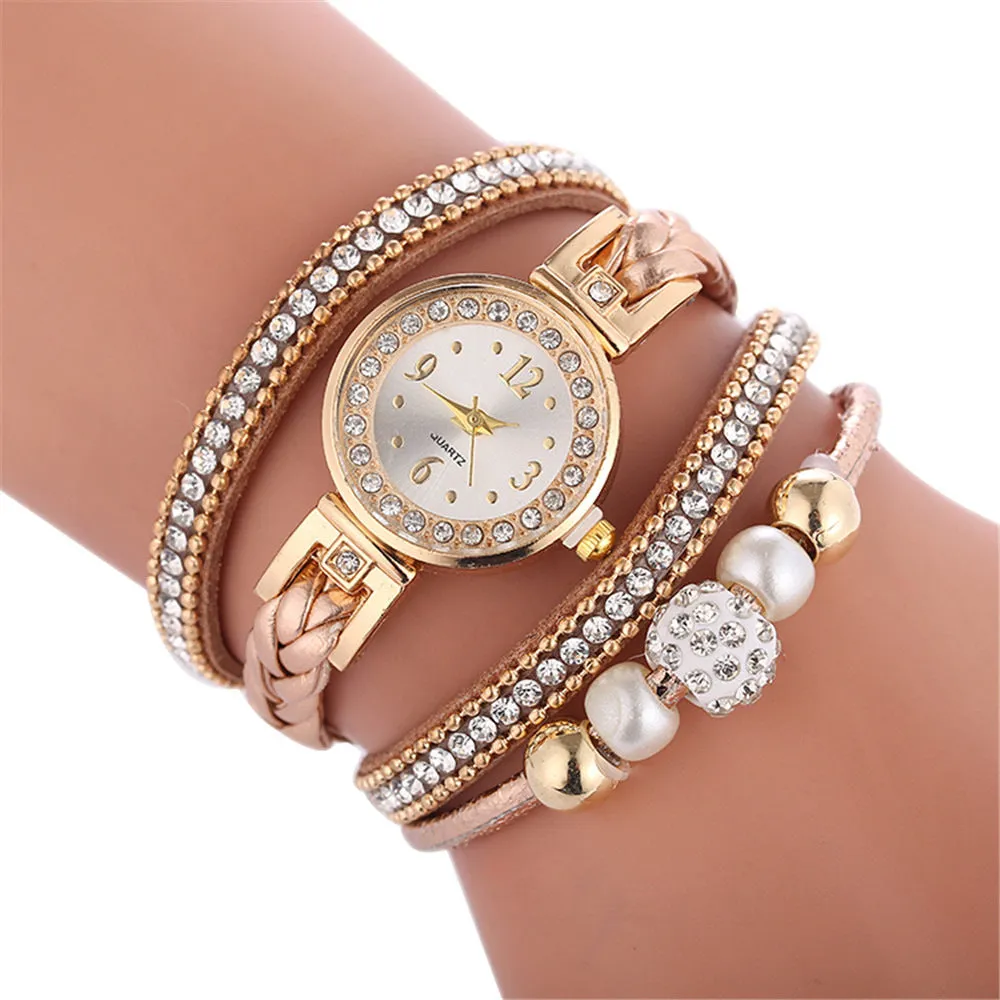 Diamond braided winding ladies bracelet watch