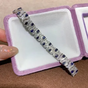 Elegant Natural Heated Pear-Shaped Blue Sapphire and CZ Bracelet in 925 Silver - Stunning Jewelry for Women - 21 Blue Sapphires (3x5 mm)- Adjustable 7.5 Inch