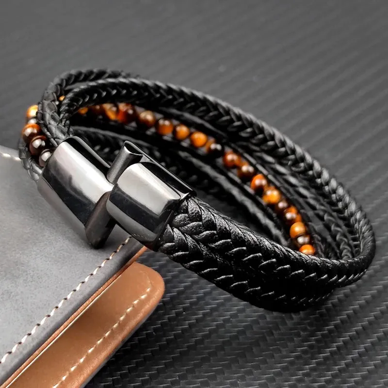 Fashion Men Bracelet Natural Yellow Tiger Eyes Beads Braided Leather Stainless Steel Magnetic Clasp Bracelets Male Jewelry Gift