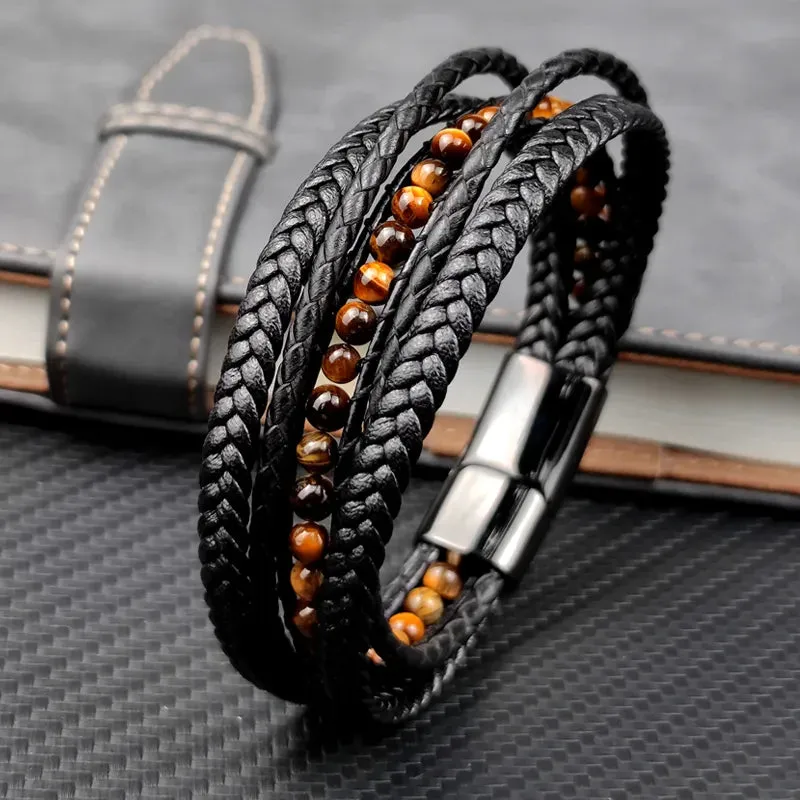 Fashion Men Bracelet Natural Yellow Tiger Eyes Beads Braided Leather Stainless Steel Magnetic Clasp Bracelets Male Jewelry Gift