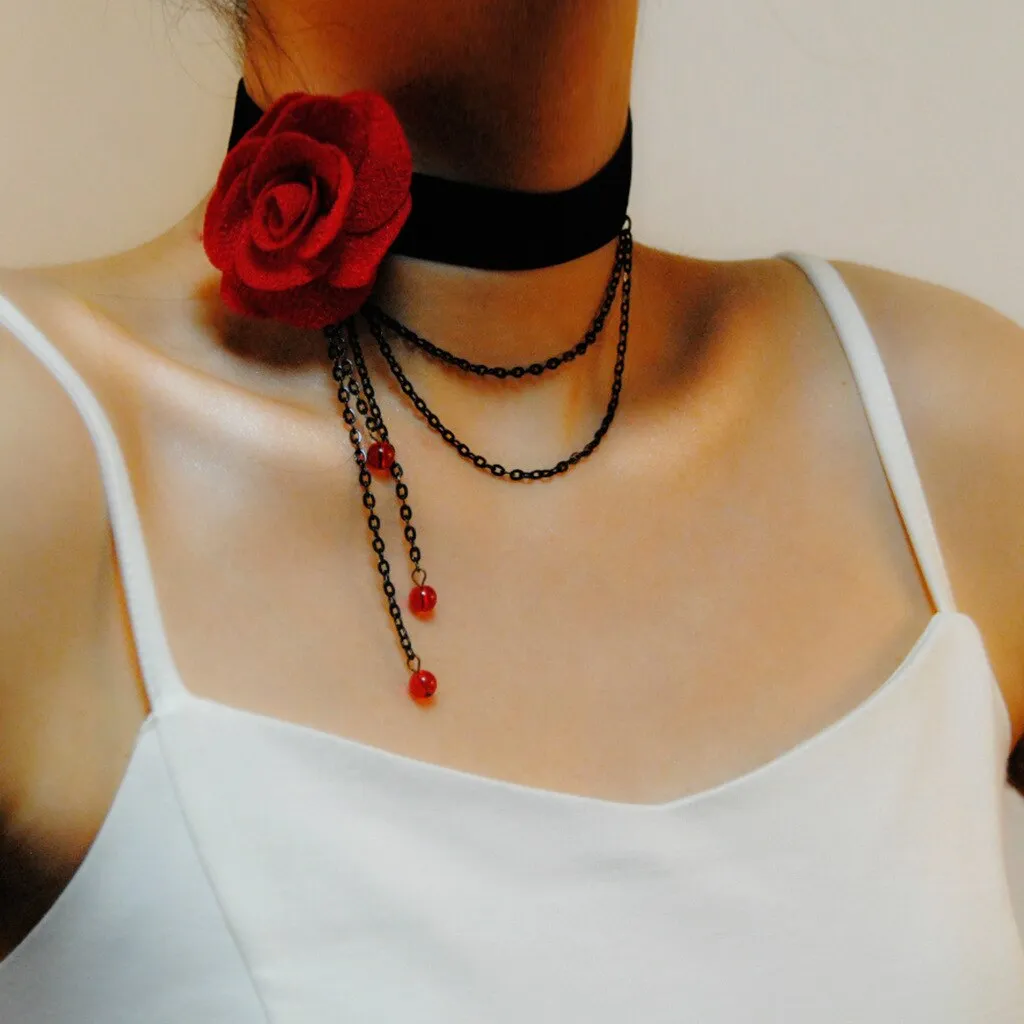 Flytonn Rose Necklace Tassel Pendant Sexy Queen Vintage Accessories Choker Necklace Collar Party Jewelry Lace Necklace For Women