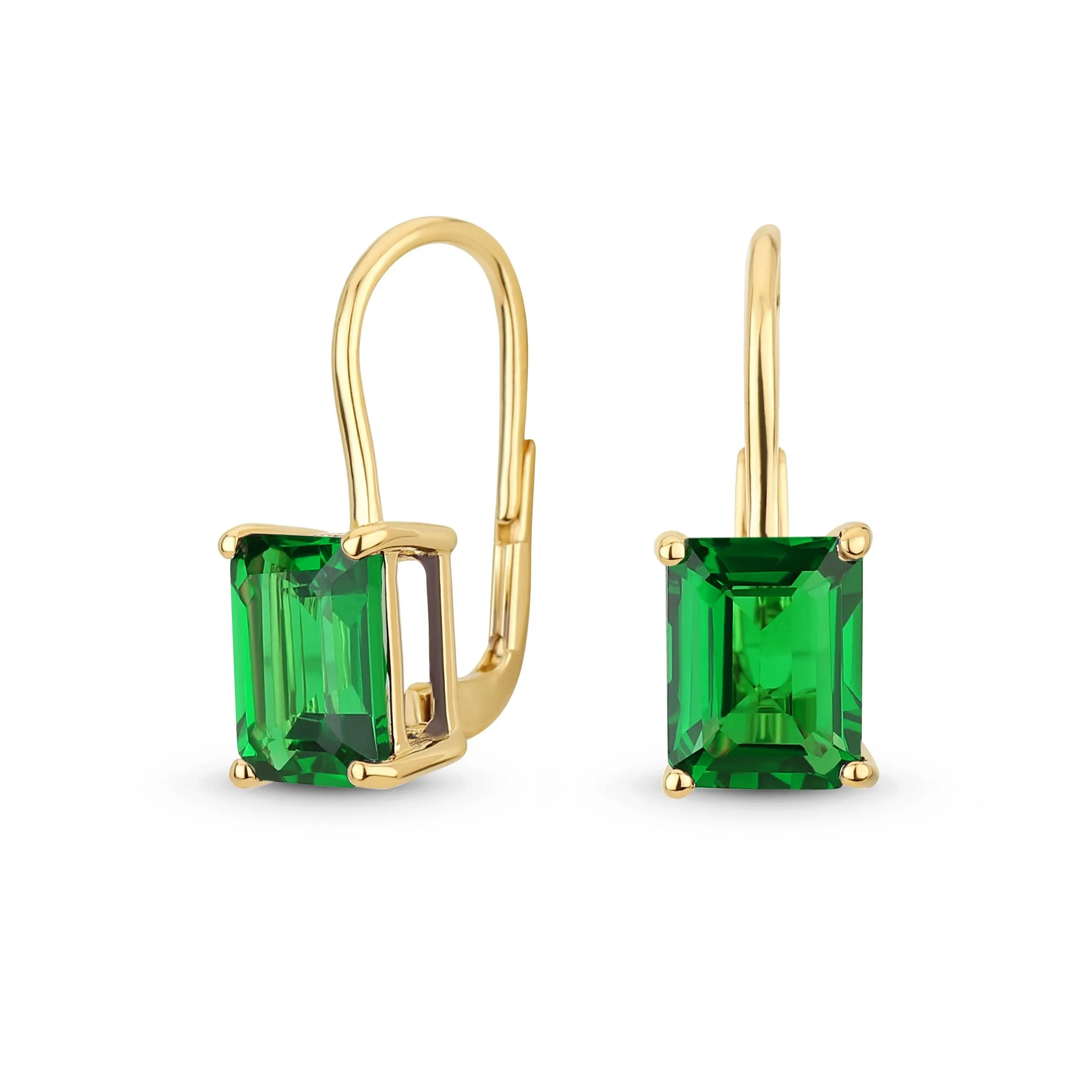 Genuine Gemstone 4.5 CT Emerald Cut Drop Earrings Gold Plated Sterling Silver