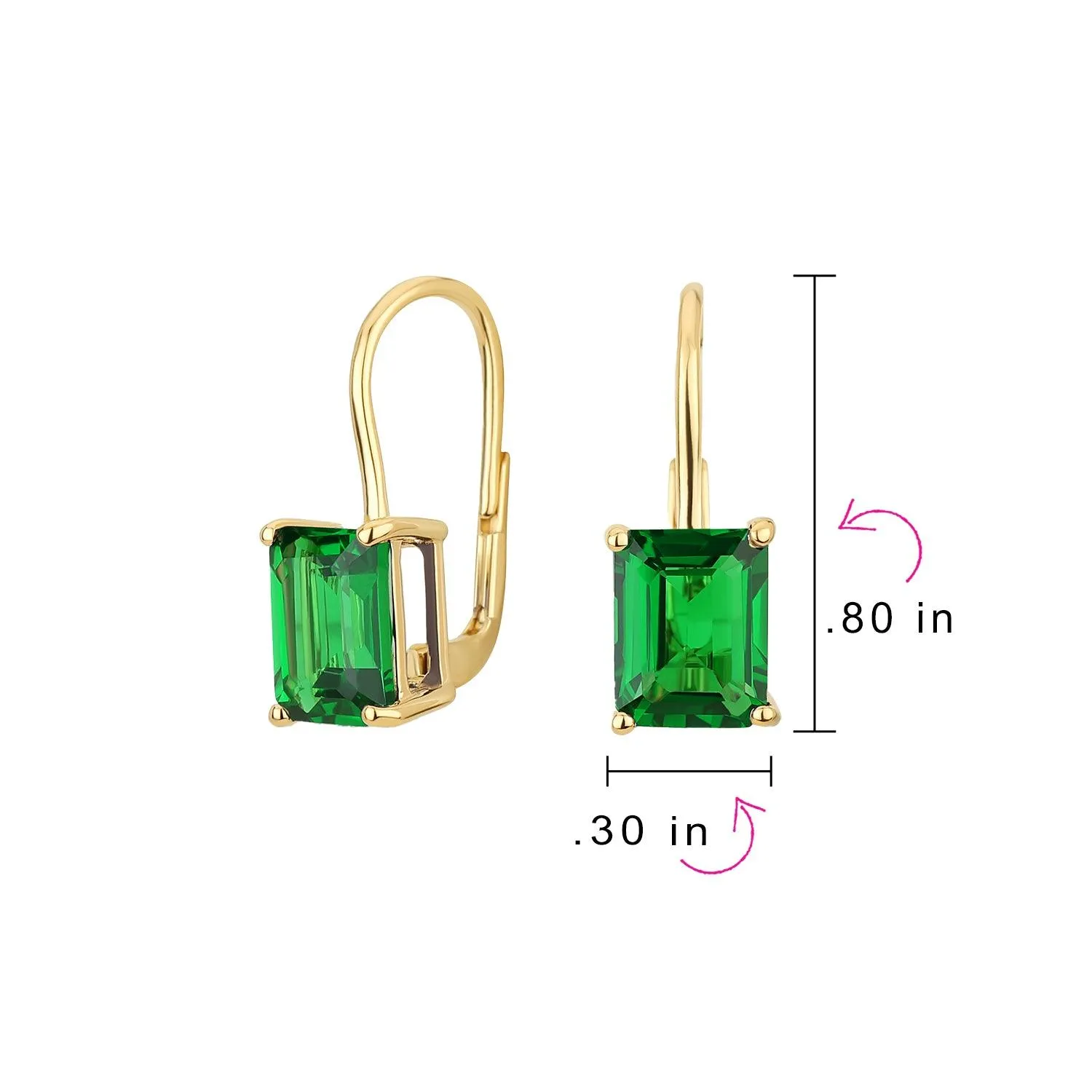 Genuine Gemstone 4.5 CT Emerald Cut Drop Earrings Gold Plated Sterling Silver