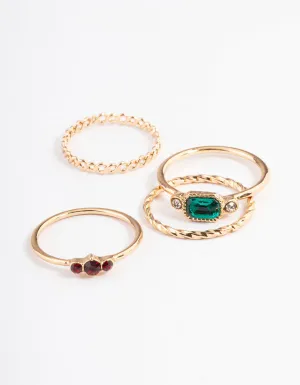 Gold Emerald & Round Stone Ring 4-Pack